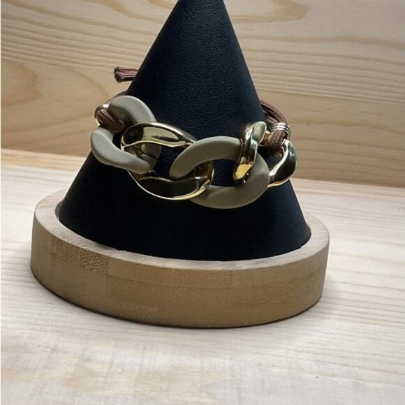 Gold & Taupe Chain Link Bracelet or Hair Accessory With Brown Cord - Picture 1 of 3